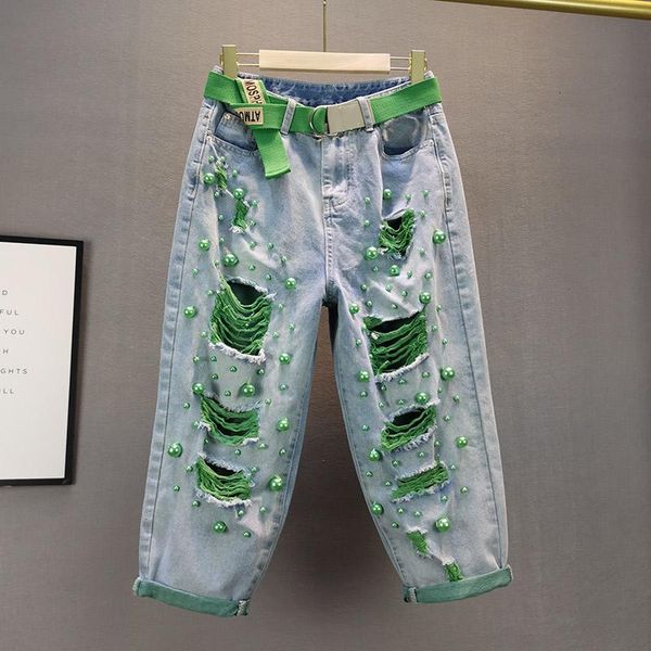 

jeans europe summer women's color beading hole jeans female high waist loose denim cross pants fashion thin harlan trousers, Blue