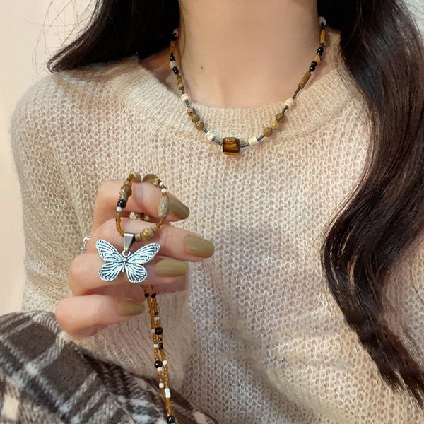 

natural water rice beads butterfly pendant necklace long vintage fashion collarbone chain niche net red senior sense collars female, Silver