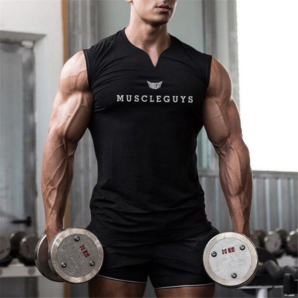 

men' tank muscleguys brand gym clothing v neck compression sleeveless shirt fitness mens tank cotton bodybuilding tankworkout vest 23, White;black