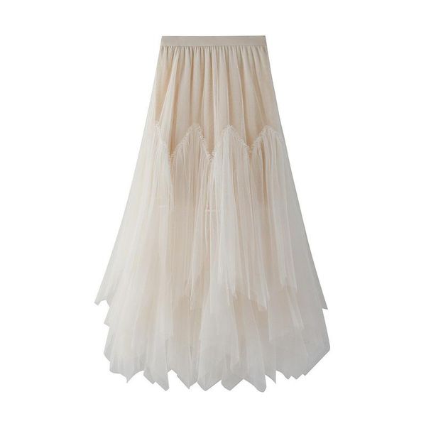 

capris women's irregular tulle mesh long skirts spring summer solid color lace up ladies casual high waist a line female maxi skirt, Black;white
