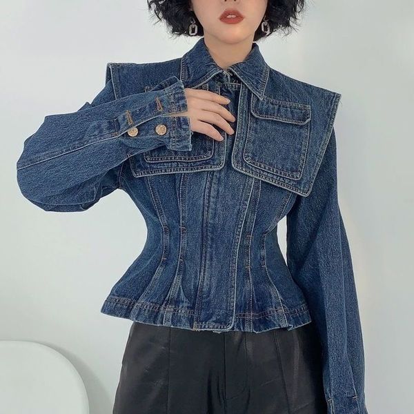 

women's jackets korean chic vintage design waist closed short denim jacket women port style office lady wear jean coat navy leader woma, Black;brown