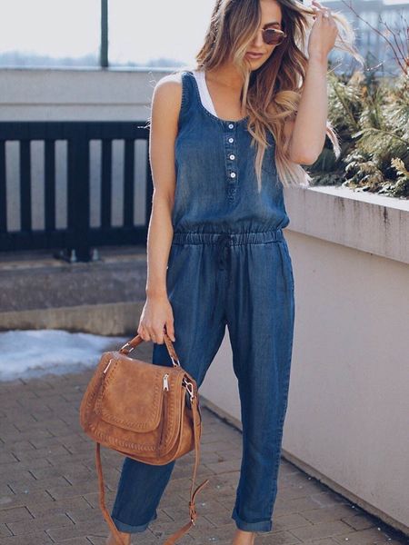 

women's jumpsuits rompers women summer solid sleeveless denim jumpsuit long trousers clubwear rompers trousers overalls navy blue 23042, Black;white
