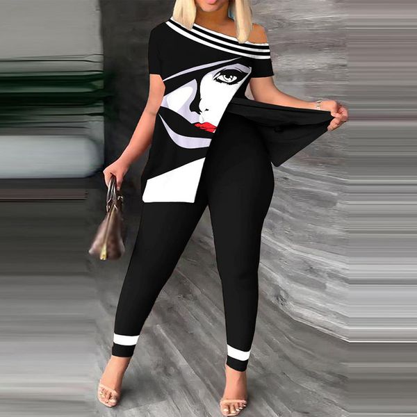

women's two piece pants summer 2 piece set women vintage print skew neck short sleeve shirt high waist pants suit female casual outfits, White