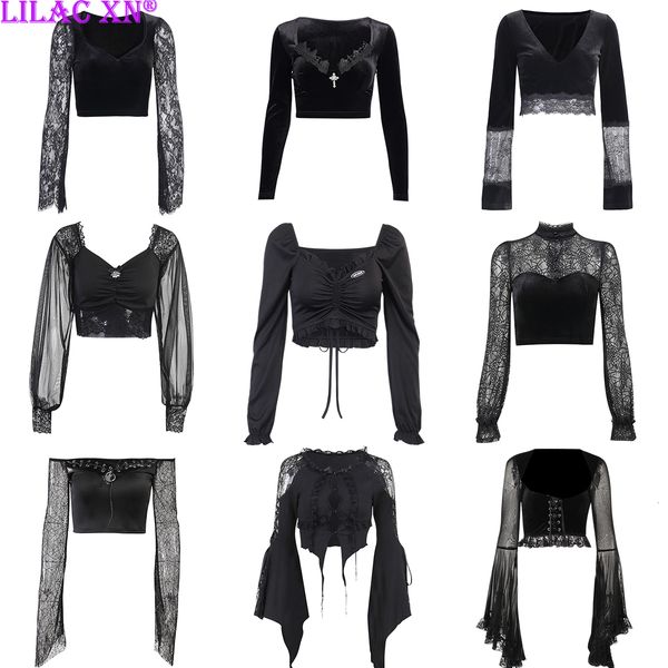 

women's tshirt goth lace mesh flared long sleeve corset crop y2k harajuku vintage aesthetic black tshirts women tees streetwear 23042, White