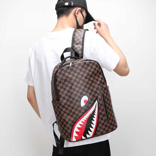 

men's backpack travel bag fashion lattice backpack student schoolbag large capacity shark bag street trend man 230423
