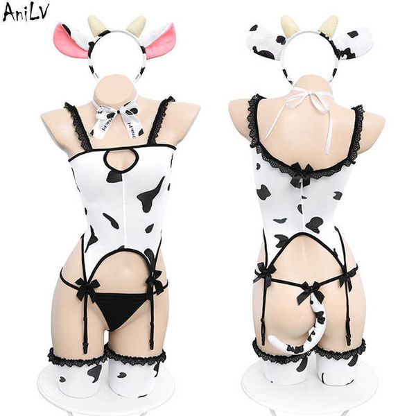 

set anilv anime kawaii girl dairy cow maid uniform with garter stocking costume women lace pajamas lingerie outfit cosplay j230425, Red;black