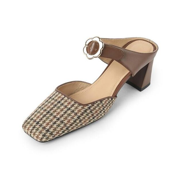 

cover toe half slippers women 2023 plaid outdoor high heeled sandals lady slides shoes, Black