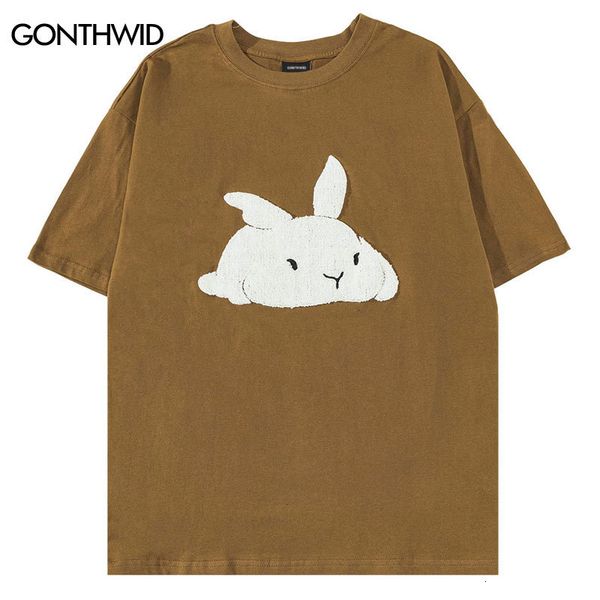 

men's tshirts hip hop tshirt streetwear embroidery cute rabbit cotton tshirts men women harajuku fashion casual loose kawaii pink 23042, White;black