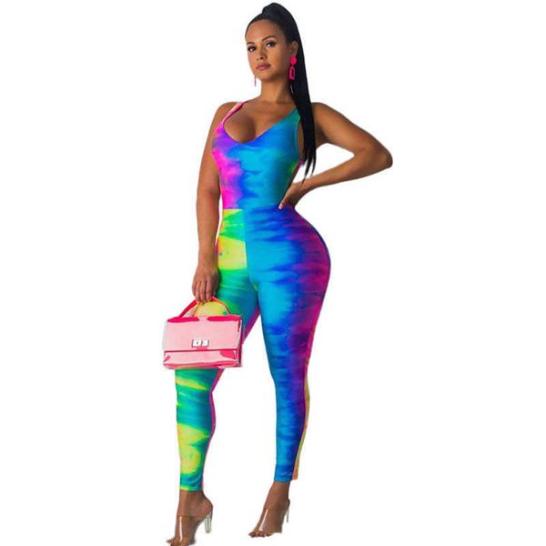 

womens jumpsuits rompers tie dye bodycon jumpsuit women sleeveless criss cross open back skinny overalls summer casual club one piece romper, Black;white