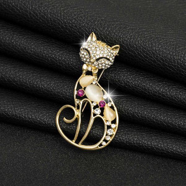 

pins brooches super cute cat filled multicolor opal brooch korean crystal collar creativity dress fashionable style w0426, Gray