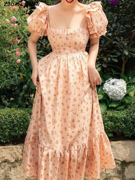 

dresses 2022 retro princess floral print ruched square collar midi dress women ruffles puff sleeve backless swing vestidos holiday robe, Black;gray