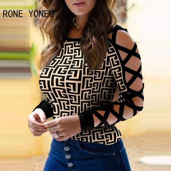 

women's blouses shirts women chic geo print fashion long sleeves criss cross hollow out basic skinny blouse 230426, White