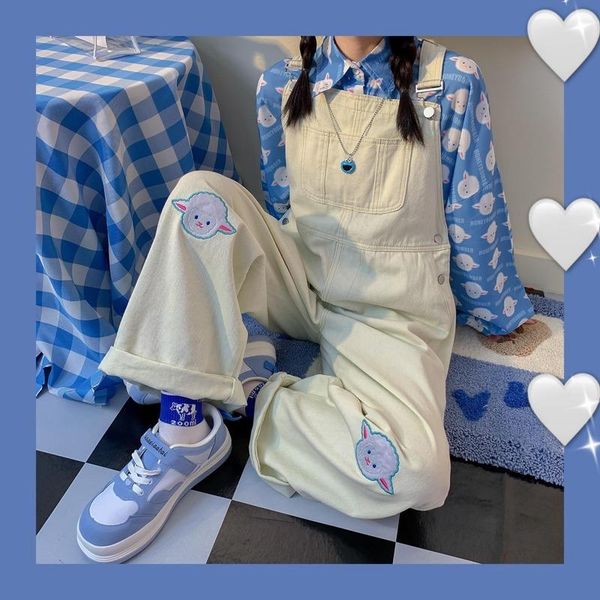 

jeans houzhou rompers womens jumpsuit embroidery loose straight kawaii denim overalls vintage oversize jeans korean fasion streetwear, Blue