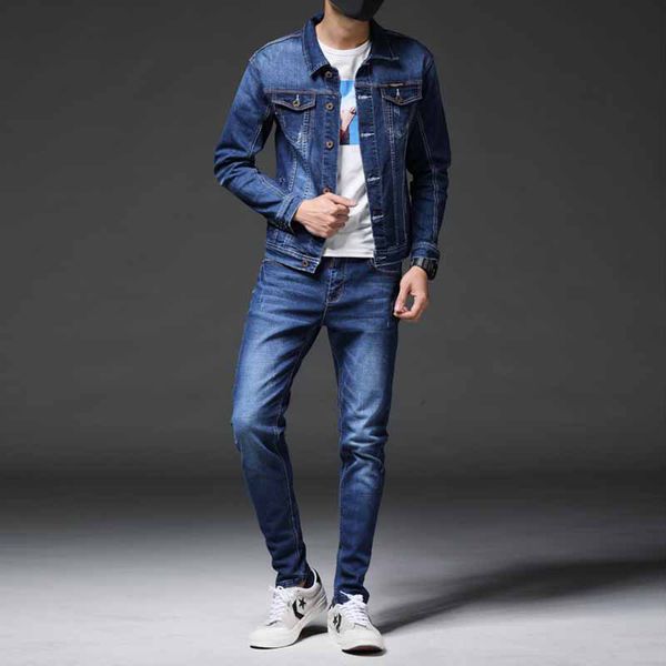 

smart business tracksuits simple blue men two-piece sets spring autumn denim jacket and jeans fashion slim trendy stretch men's clothin, Gray