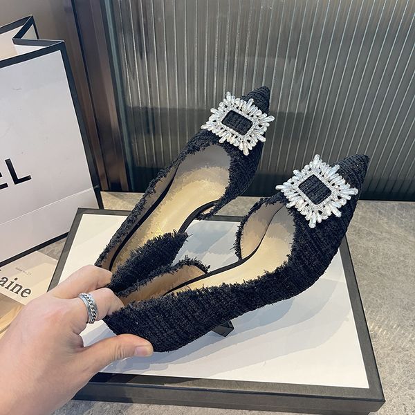 

dress shoes sepatu hak tinggi ujung runcing pengiring pengantin gesper persegi berlian imitasi fashion wanita baru gaun 230425, Black
