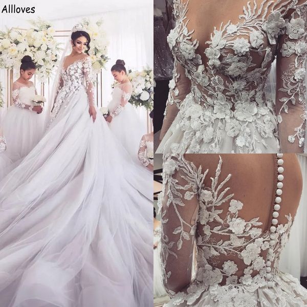 

amazing dubai arabic turkey ball gown wedding dresses with detachable train 3d flowers lace appliqued vestidos de novia long sleeves middle, White