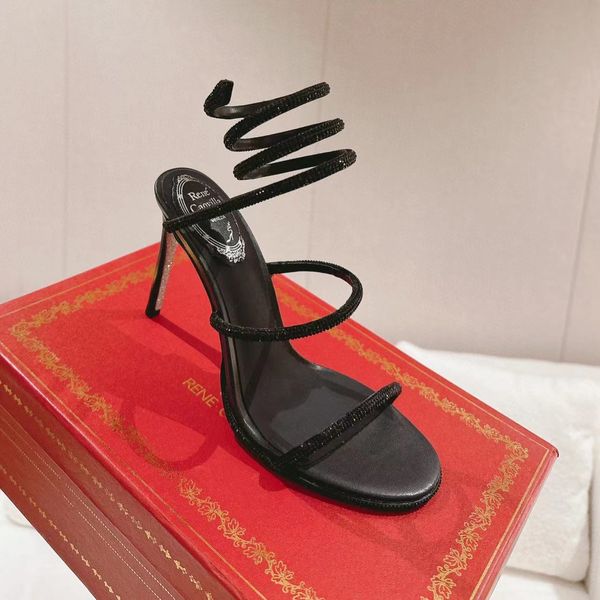 

Rene caovilla Cleo rhinestones-studded stiletto sandals 95mm Square head Snake Strass Ankle Wraparound stiletto women's high heels luxury designer shoes with box, 12