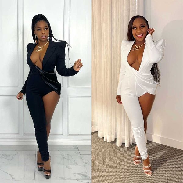 

women's jumpsuits rompers v neck one leg long jumpsuit women long sleeve turn down collar bodycon rompers autumn clothes night party cl, Black;white