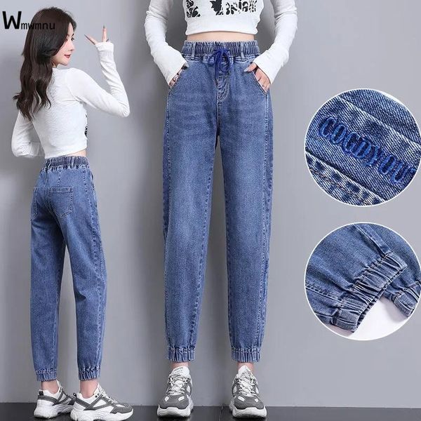

jeans fashion ankle length harem jeans women casual elastic high waist denim pants streetwear drawstring jogger pants female, Blue
