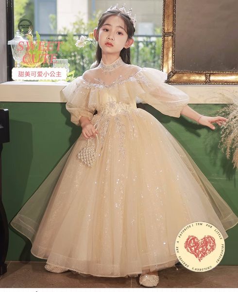 

girl' long long-sleeved dress high-end elegant foreign style cute flower tong pengpeng dress party wedding performance, White;blue