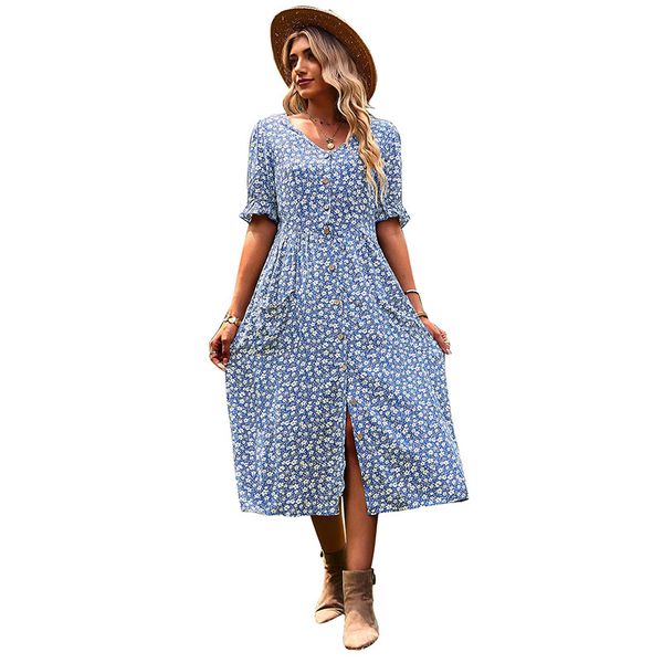 

v-neck 1/2 sleeves a-line midi casual dress front pockets viscose single breasted pockets loose high waist floral printed panelled split mid, Black;gray