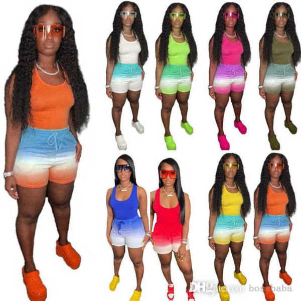 

2023 women tracksuits designer summer two piece set slim new tank vest and belt tether gradient shorts outfits jogging suit, Gray
