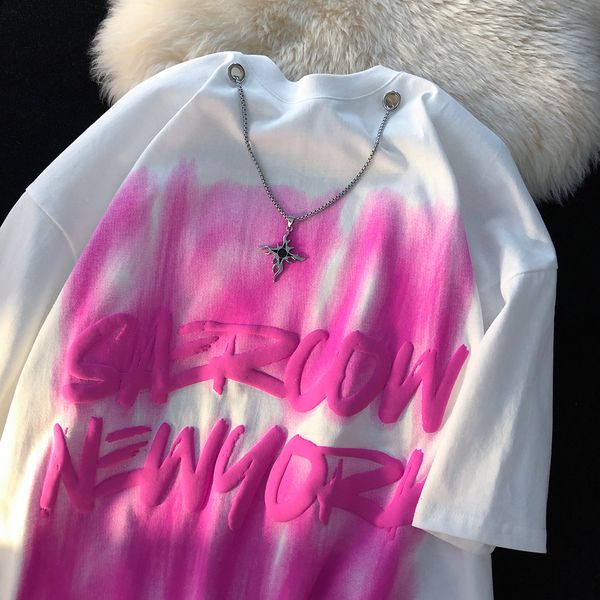 

women's tshirt harajuku cotton material retro street hiphop tiedye graffiti tshirt men women cool cross chain fashion summer oversized, White