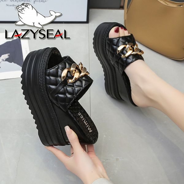 

slippers lazysea 12cm super high heels women metain chain height increasing slides wedding shoes platform shoe 230426, Black