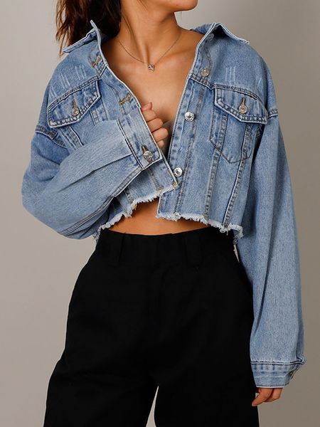 

women's jackets autumn women's denim cropped jacket female pockets hole short jean jackets ladies fashion button casual solid coat, Black;brown