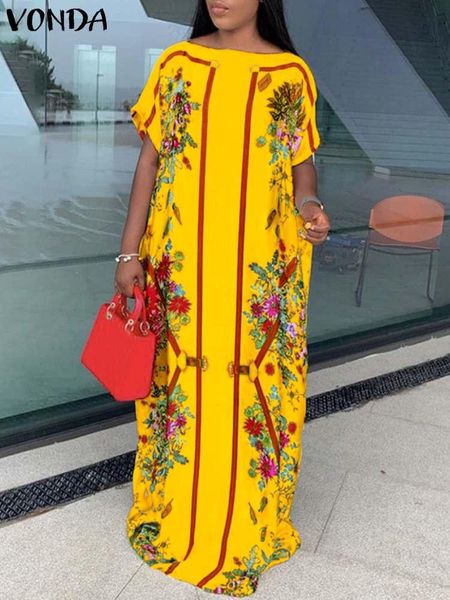 

dresses summer off shoulder maxi dress 2022 vonda vintage short sleeve floral printed holiday party dress vestidos oversized robe femme, Black;gray