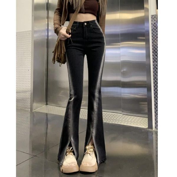 

jeans stretchable gradient color micro flare jeans for women ankle length denim pants lady chic casual streetwear slit pants, Blue