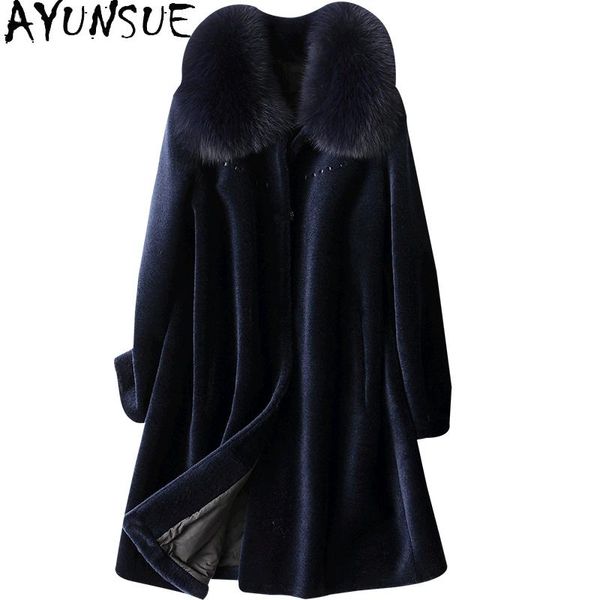 

fur ayunsue 2021 real fox fur coat female winter 100% sheep shearling coats women warm elegant wool jackets casaco feminino gxy207, Black