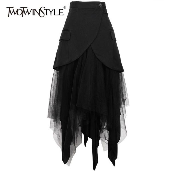 

dresses twotwinstyle asymmetrical patchwork mesh skirt for women high waist plus sizes skirts female fashion clothes 2022 spring new, White;black