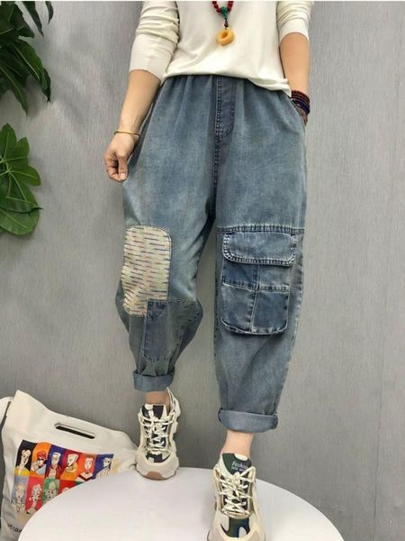 

jeans summer jeans women 2023 vintage loose big pocket anklelength pants female high waist harem pants ladies thin patchwork jeans, Blue