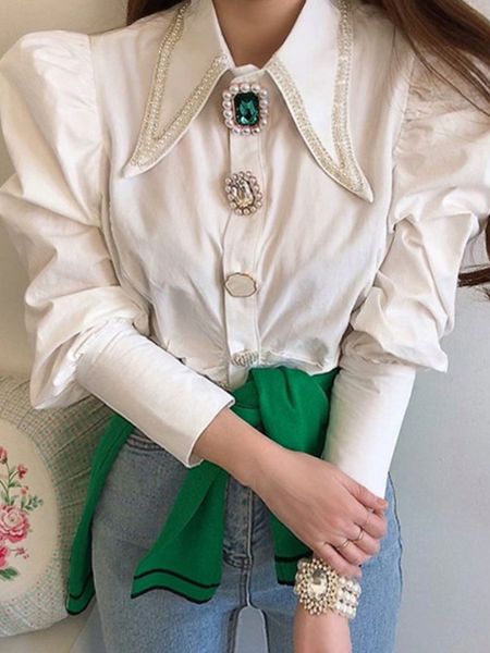 

women's blouses shirts circyy women french vintage blouse spring button up shirt pointed collar long puff sleeve pearl slim white 2304