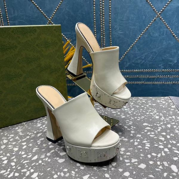 

high heeled slippers designer shoes fashionable metal rivet decoration women platform heels summer sandals 12cm party and banquet shoe, Black