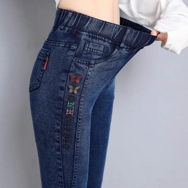 

jeans oversize 34 high waist stretch jeans black autumn women slim skinny trousers fashion embroidery female casual pencil denim pants, Blue