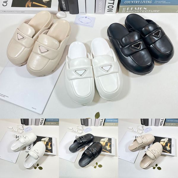 

2023 women mules prad soft lining leather sandals slippers mule slides white womens lady scuffs indoors outdoor fashions, Black