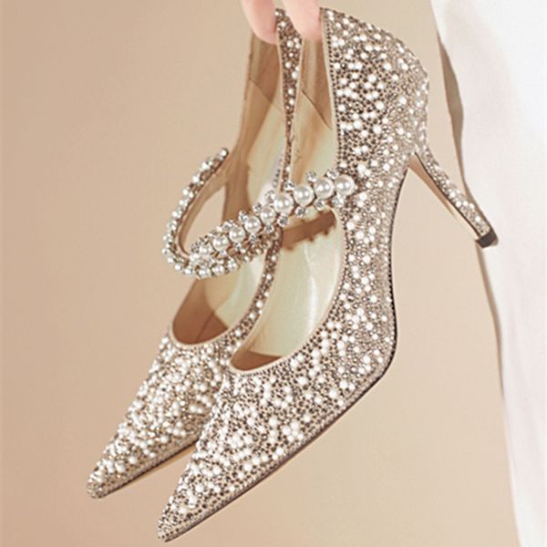 

dress shoes europe and the united states high heels pointed pearl belt thin heel shoes 230425, Black