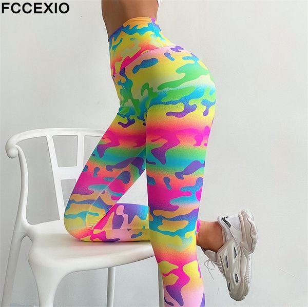 

women's leggings fccexio camouflage leopard print high waist leggins fitness leggings tights running workout pants push up gym leggings, Black