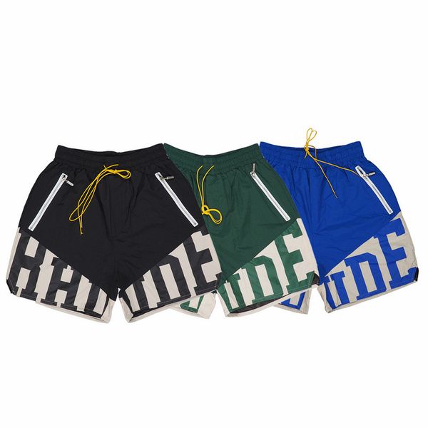 

fashion solid color rhude letter joint loose zipper fly pocket beach shorts for men, White;black