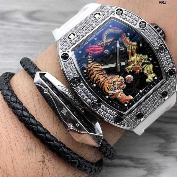 

milles watch richads mile designer es mens business bucket full automatic mechanical fashion trend refined steel diamond dragon tiger miller, Slivery;golden