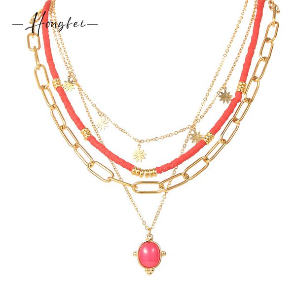 

europe and the united states light luxury 14k gold polymer clay thick chain rose red pine stone pendant necklace female clavicle chain acces, Silver