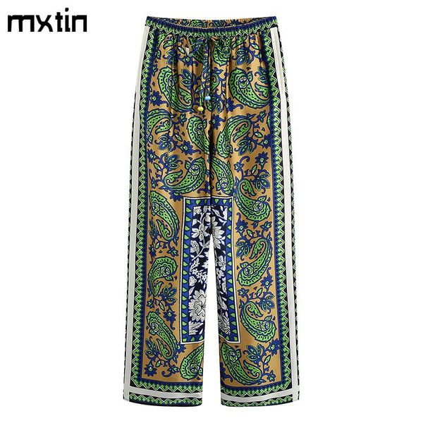 

capris 2022 women spring vintage print bow tie straight pants fashion elastic waist fly side pockets england style trousers vestidos, Black;white
