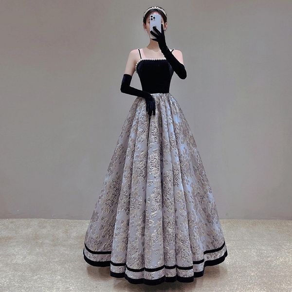 

black cocktail dress spaghetti strap sleeveless pearl appliques square collar a-line elegant lace up floor-length party evening dress