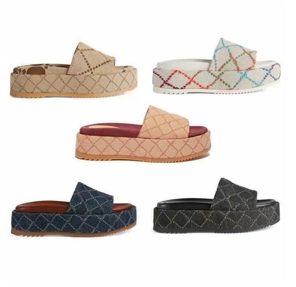 

designer slipper womens fashion embroidered canvas slides slip on slippers girls 55mm canvas covered platform sandals and dust bags, Black
