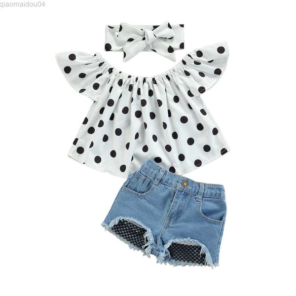 

clothing sets children's clothing set kids girls 2 pieces outfits summer dots print off shoulder + denim shorts clothing set aa230426, White