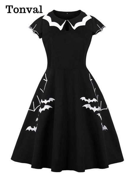 

dresses tonval bat embroidery halloween costumes party vintage dresses for women cap sleeve keyhole front cotton retro a line dress, Black;gray