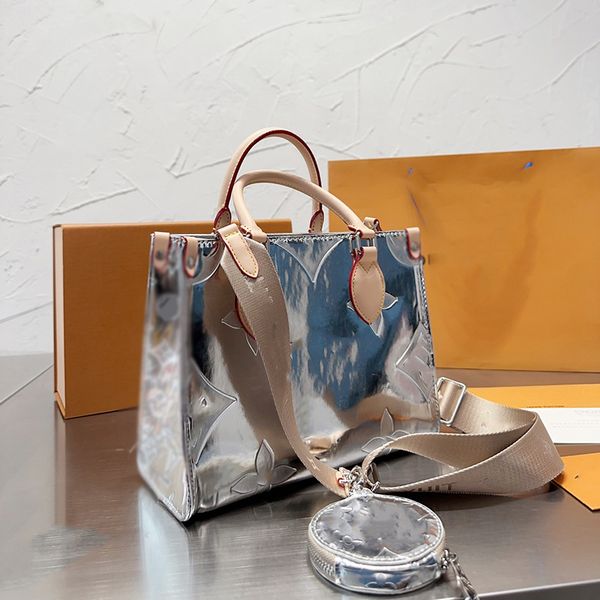 

womens designer silver onthego tote shopping bags emboss flower suitcase nylon adjustable shoulder strap crossbody shoulder handbags large c