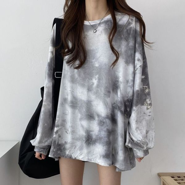 

women's t-shirt women tie dye print oversize o neck long sleeve tees shirt autumn spring korean style streetwear loose t shirt vintage, White